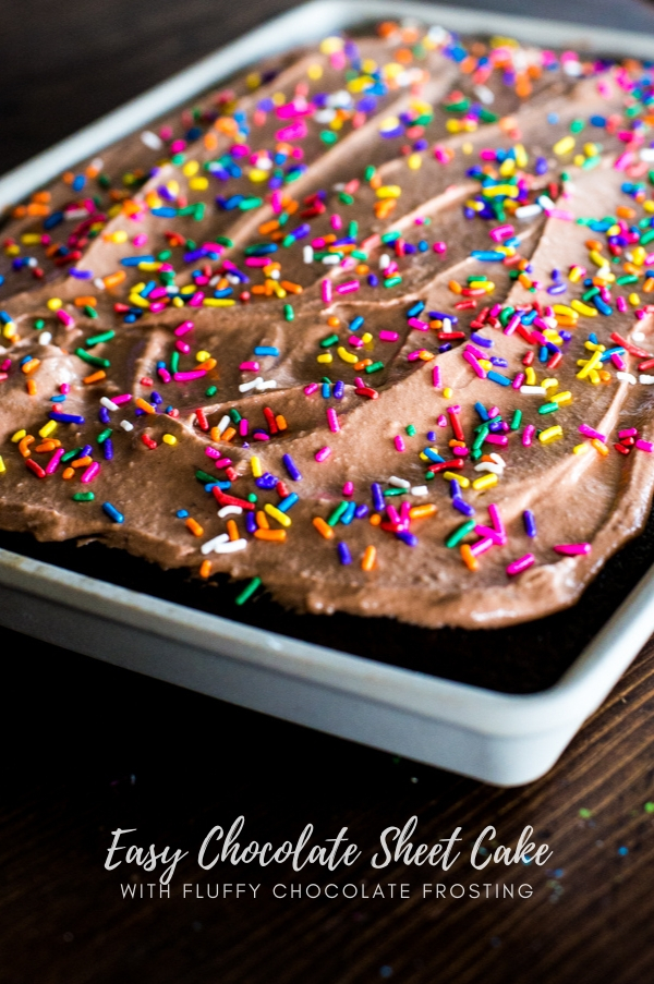 Chocolate Sheet Cake with Fluffy Chocolate Frosting - Dine and Dish